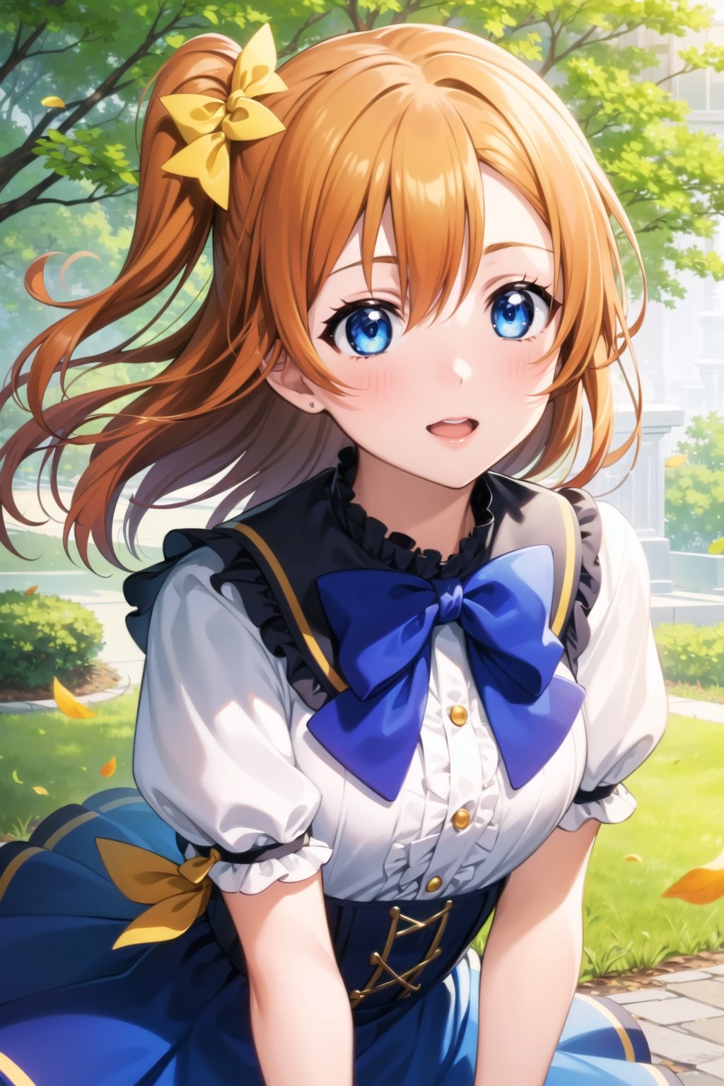 (masterpiece, best quality, ultra-detailed), (illustration), (beautiful detailed eyes), (1girl), (solo), kousaka honoka, yellow hair bow, one side up, orange hair, blue eyes, medium hair,   <lora:HonokaLL_v1:0.5>, looking away, greenary, depth of field, falling leaves, orange dress, 