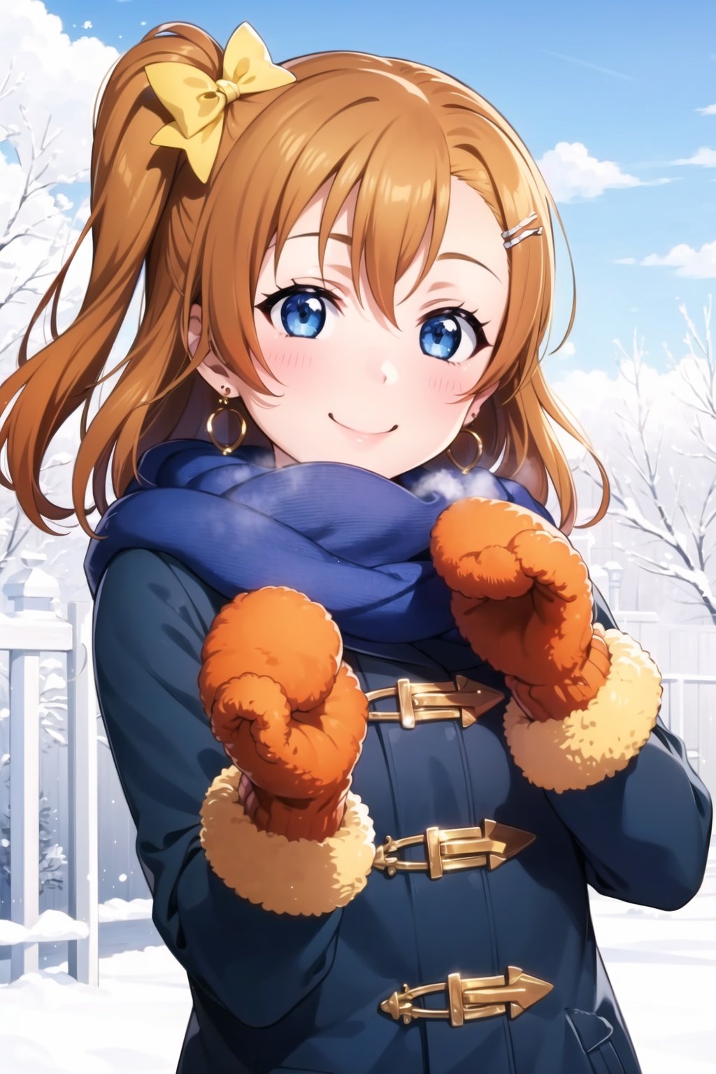 (masterpiece, best quality, ultra-detailed), (illustration), (beautiful detailed eyes), (1girl), (solo), kousaka honoka, yellow hair bow, one side up, orange hair, blue eyes, medium hair,   <lora:HonokaLL_v1:0.5>blush, smile, hair ornament, bow, jewelry,  earrings, hairclip, scarf,  coat, winter clothes, mittens,