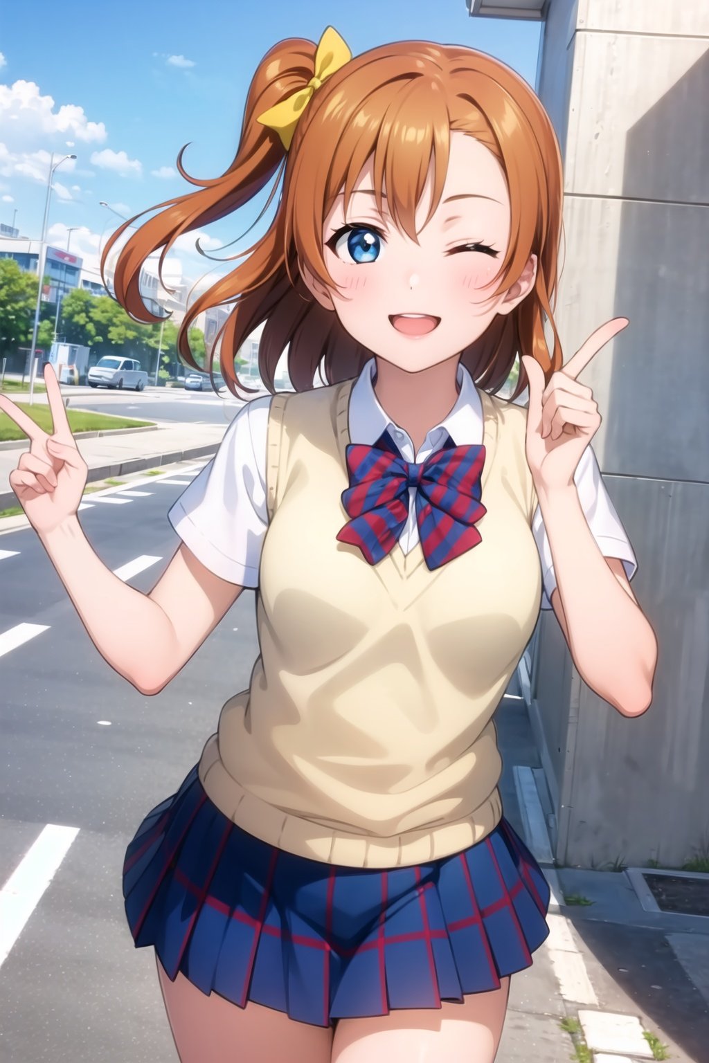 (masterpiece, best quality, ultra-detailed), (illustration), (beautiful detailed eyes), (1girl), (solo), kousaka honoka, one side up, yellow hair bow, orange hair, blue eyes, medium hair,   <lora:HonokaLL_v1:0.5>looking at viewer, smile, school uniform, white shirt, short sleeves, pleated skirt, one eye closed, striped, bowtie, red bow, blue skirt, plaid skirt, index finger raised, sweater vest, striped bow, summer uniform, otonokizaka school uniform, striped bowtie