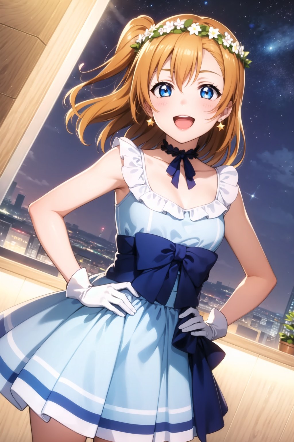 (masterpiece, best quality, ultra-detailed), (illustration), (beautiful detailed eyes), (1girl), (solo), kousaka honoka, yellow hair bow, one side up, orange hair, blue eyes, medium hair,   <lora:HonokaLL_v1:0.5>looking at viewer, smile, open mouth, gloves, jewelry, collarbone, earrings, sky, choker, white gloves, hand on hip, night, blue dress, star (sky), night sky, starry sky, head wreath,