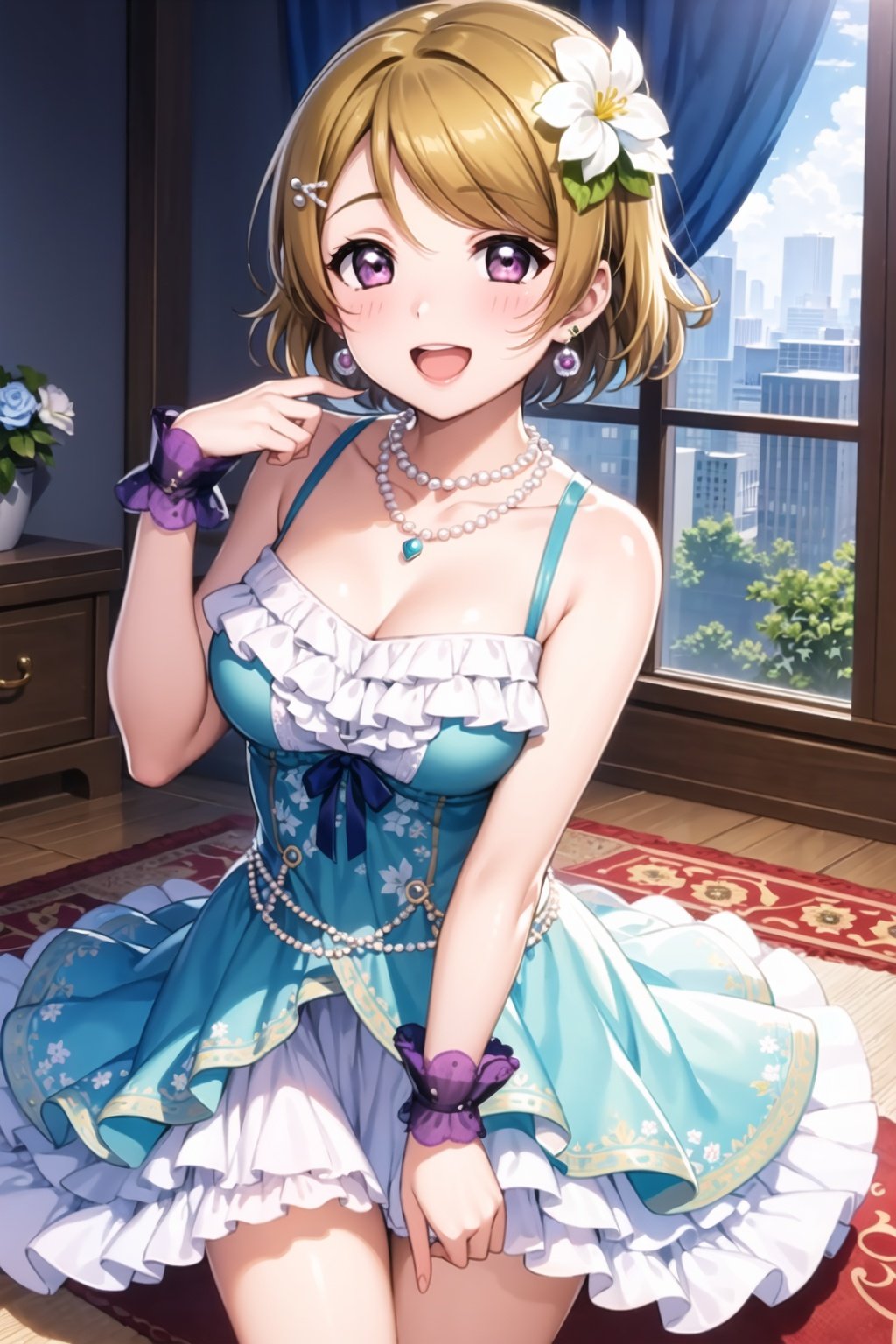 (masterpiece, best quality, ultra-detailed), (illustration), (beautiful detailed eyes), (1girl), (solo), koizumi hanayo, short hair, brown hair, purple eyes,  <lora:HanayoLL_v1:0.5>, looking at viewer, blush, smile, open mouth, hair ornament, dress, jewelry, collarbone, flower, earrings, frills, necklace, petals, pearl necklace, carpet,