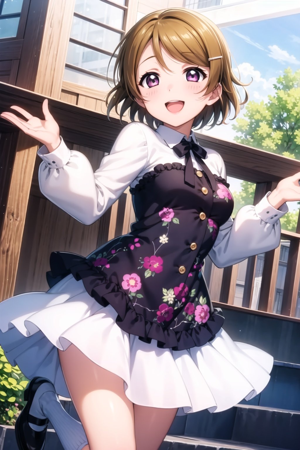 (masterpiece, best quality, ultra-detailed), (illustration), (beautiful detailed eyes), (1girl), (solo), koizumi hanayo, short hair, brown hair, purple eyes,  <lora:HanayoLL_v1:0.5>, looking at viewer, blush, smile, open mouth, hair ornament, long sleeves, dress, hairclip, floral print, standing on one leg