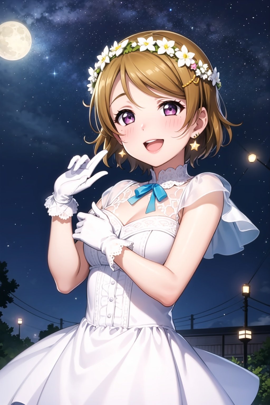 (masterpiece, best quality, ultra-detailed), (illustration), (beautiful detailed eyes), (1girl), (solo), koizumi hanayo, short hair, brown hair, purple eyes,  <lora:HanayoLL_v1:0.5>, blush, smile, open mouth, brown hair, gloves,  jewelry, earrings, sky, white gloves, white dress, bracelet, night, star (sky), night sky, starry sky, head wreath