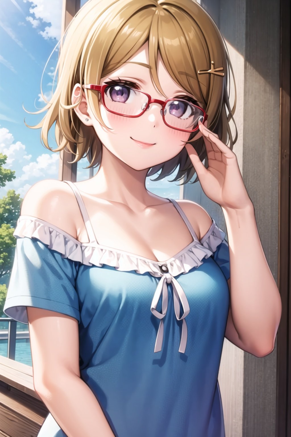 (masterpiece, best quality, ultra-detailed), (illustration), (beautiful detailed eyes), (1girl), (solo), koizumi hanayo, short hair, brown hair, purple eyes,  <lora:HanayoLL_v1:0.5>, breasts, looking at viewer, blush, smile,  shirt, hair ornament, collarbone, white shirt, upper body, short sleeves, off shoulder, red-framed eyewear, off-shoulder shirt, adjusting eyewear, tied shirt,