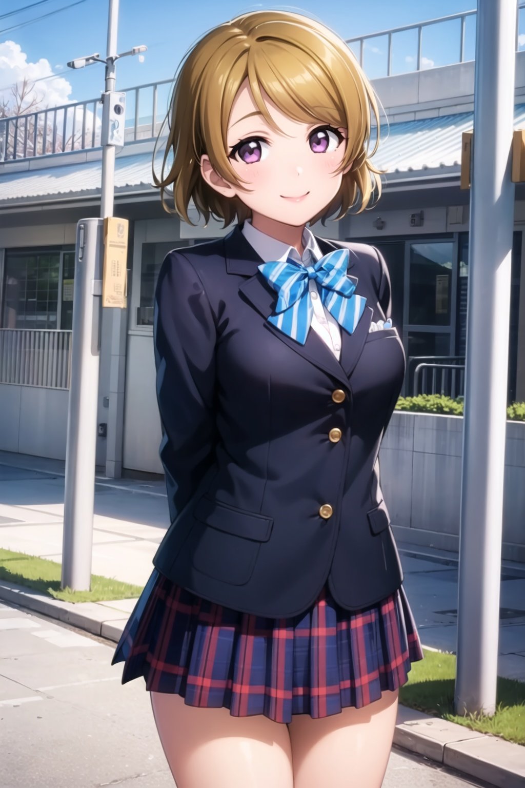 (masterpiece, best quality, ultra-detailed), (illustration), (beautiful detailed eyes), (1girl), (solo), koizumi hanayo, short hair, brown hair, purple eyes,  <lora:HanayoLL_v1:0.5>, looking at viewer, skirt, bow, school uniform,jacket, blue bow, blazer, winter uniform, otonokizaka school uniform, outdoors, smile, arms behind back, 