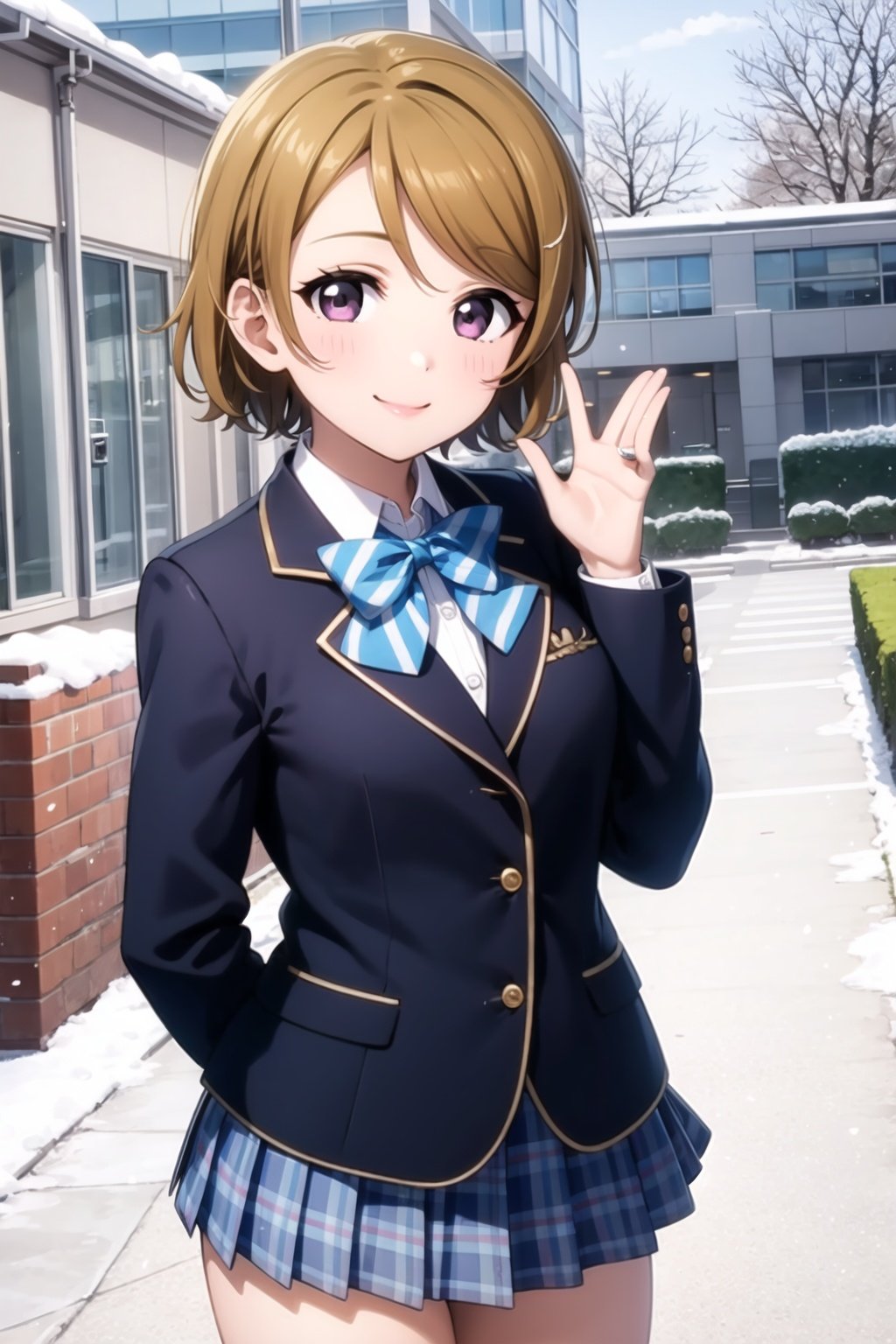 (masterpiece, best quality, ultra-detailed), (illustration), (beautiful detailed eyes), (1girl), (solo), koizumi hanayo, short hair, brown hair, purple eyes,  <lora:HanayoLL_v1:0.5>, looking at viewer, blue skirt, bow, school uniform,jacket, blue bow, blue blazer, winter uniform, otonokizaka school uniform, outdoors, smile, arms behind back, 