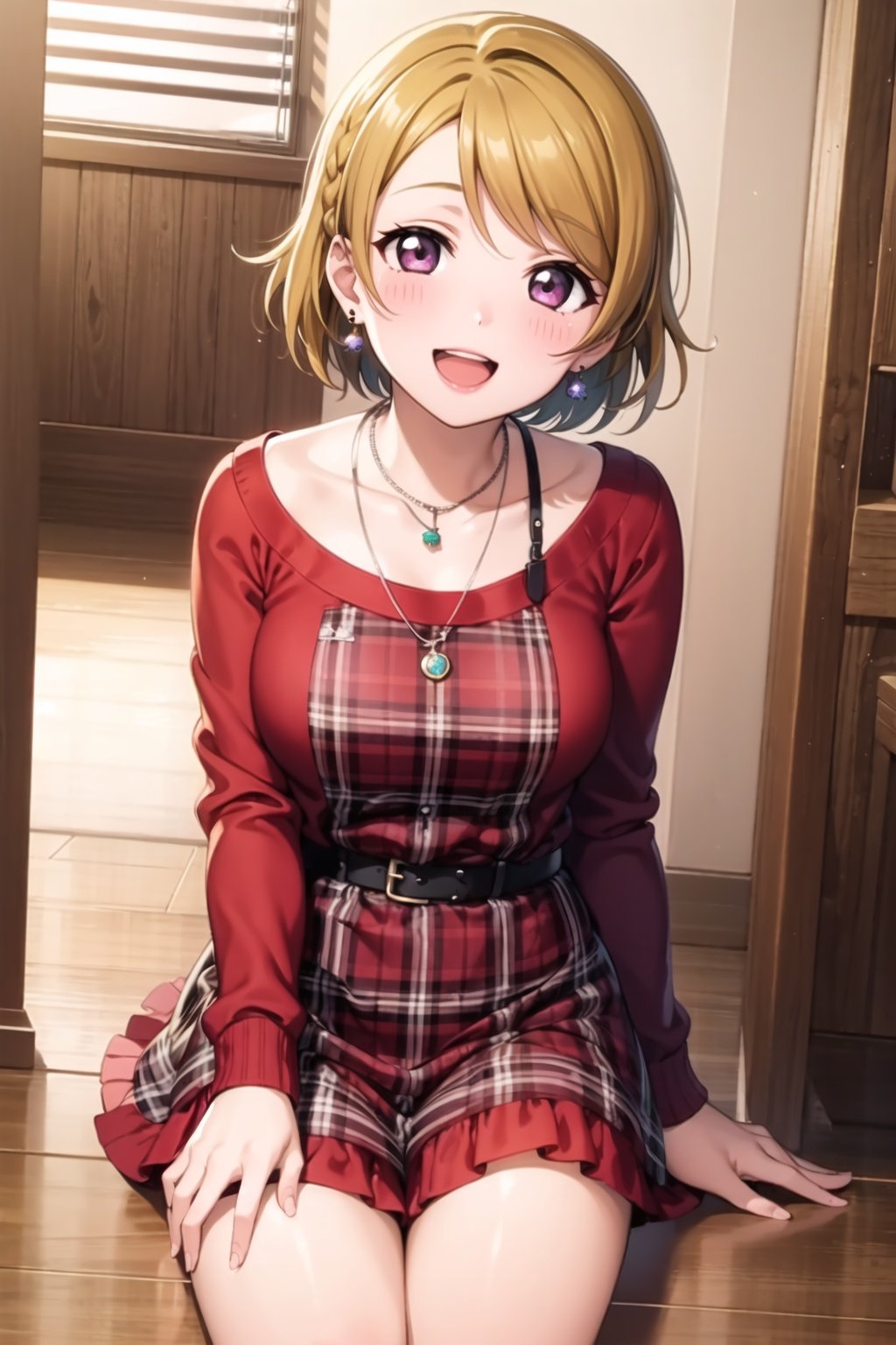 (masterpiece, best quality, ultra-detailed), (illustration), (beautiful detailed eyes), (1girl), (solo), koizumi hanayo, short hair, brown hair, purple eyes,  <lora:HanayoLL_v1:0.5>, looking at viewer, blush, smile,long sleeves,  jewelry,  braid, :d, earrings, teeth, indoors, necklace, plaid, red dress,