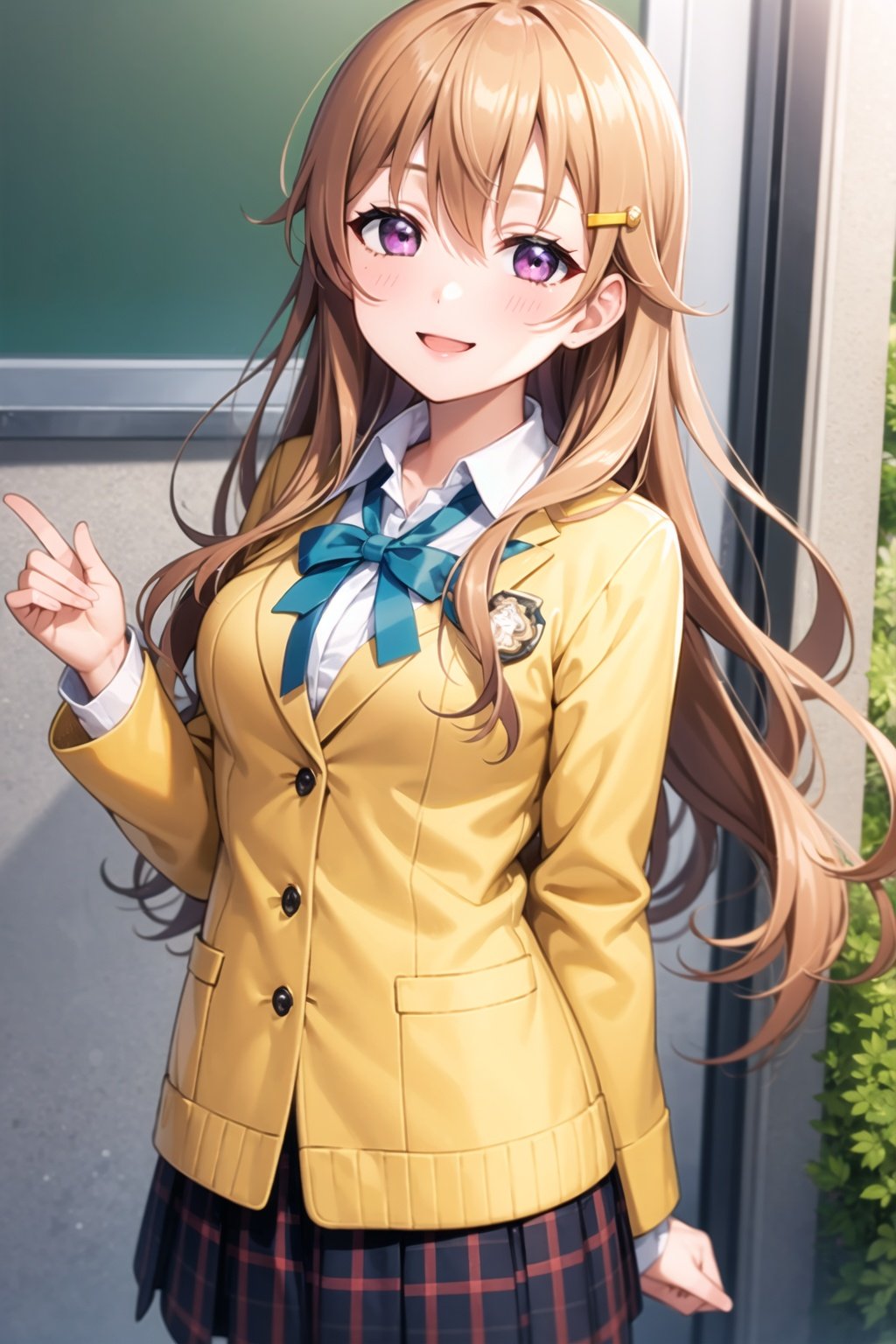 (masterpiece, best quality, ultra-detailed), (illustration), (beautiful detailed eyes), 1girl, solo, konoe kanata, orange hair, purple eyes, <lora:kanataLL_v1.1:0.5>,looking at viewer, smile, hair ornament, jacket, plaid, plaid skirt, yellow jacket, nijigasaki academy school uniform,outdoors, greenary, depth of field, 