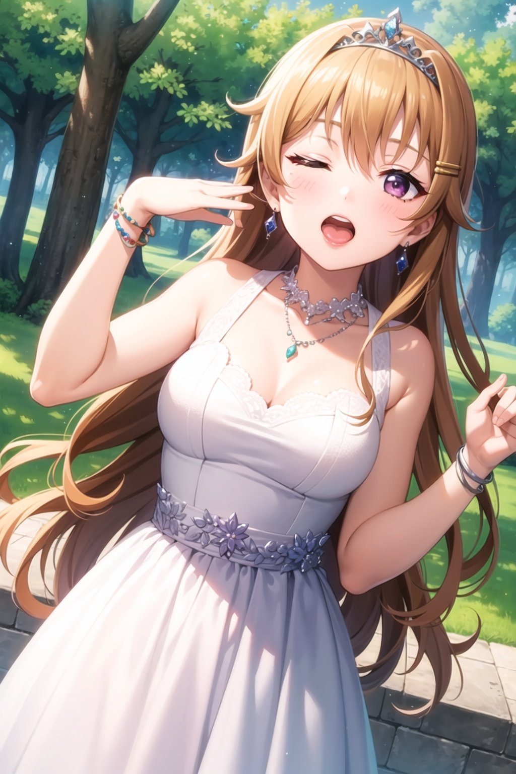 (masterpiece, best quality, ultra-detailed), (illustration), (beautiful detailed eyes), 1girl, solo, konoe kanata, orange hair, purple eyes, <lora:kanataLL_v1.1:0.5>,white dress, hair ornament, yawning, one eye closed, tiara, jewelry, earrings, necklace, outdoors, greenary, depth of field, 