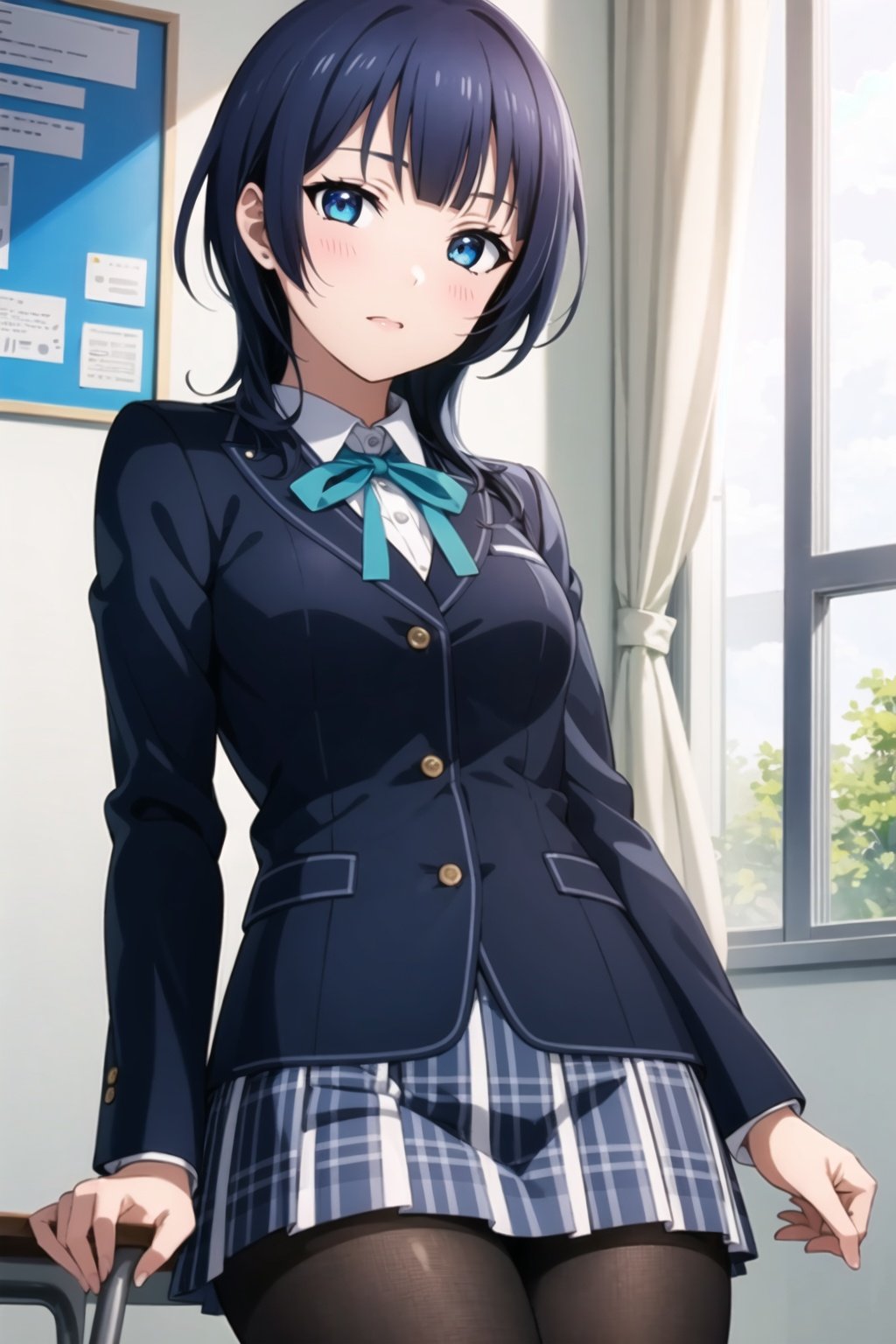 (masterpiece, best quality, ultra-detailed), (illustration), (beautiful detailed eyes), (1girl), (solo), asaka karin, (medium hair), blue eyes, sidelocks, blue hair, <lora:KarinLL_v1.1:0.6>,school uniform, nijigasaki academy school uniform, jacket, neck ribbon, plaid skirt, white skirt, pantyhose, 