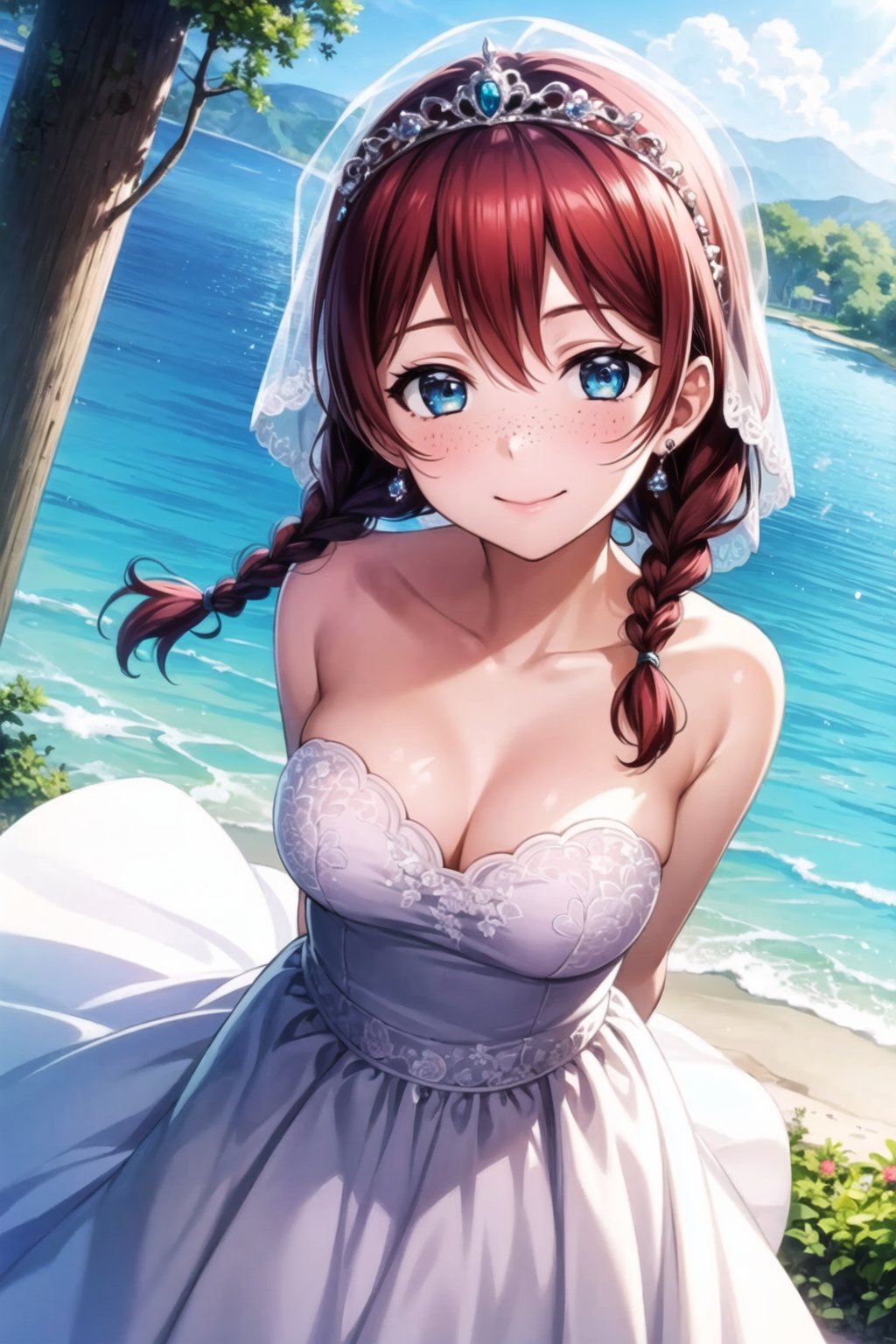 (masterpiece, best quality, ultra-detailed), (illustration), (beautiful detailed eyes), 1girl, solo, emma verde, brown hair, red hair,  blue eyes, twin braids, freckles, <lora:EmmaLL_v1.4:0.6>,outdoors, depth of field, looking at viewer, arms behind back, smile, closed mouth, wedding dress, jewelry, tiara, bridal veil, earrings,  <lora:add_detail:0.4>