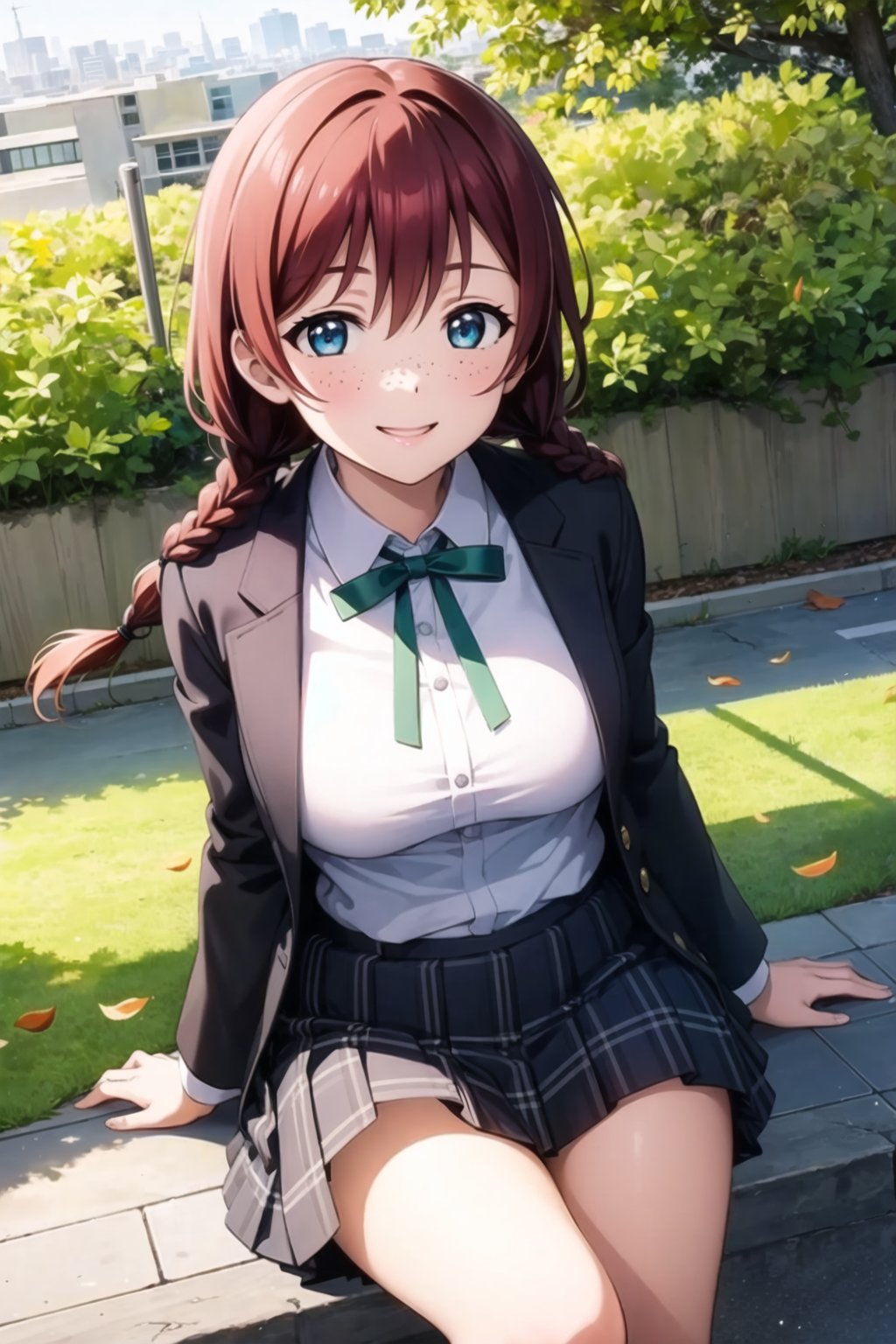 (masterpiece, best quality, ultra-detailed), (illustration), (beautiful detailed eyes), 1girl, solo, emma verde, brown hair, red hair,  blue eyes, twin braids, freckles, <lora:EmmaLL_v1.4:0.6>,outdoors, depth of field, falling leaves, smile, looking at viewer, long sleeves, school uniform,  white shirt, pleated skirt, collared shirt, open jacket, black jacket, plaid,neck ribbon, plaid skirt,blazer, white skirt, green ribbon, winter uniform, nijigasaki academy school uniform,