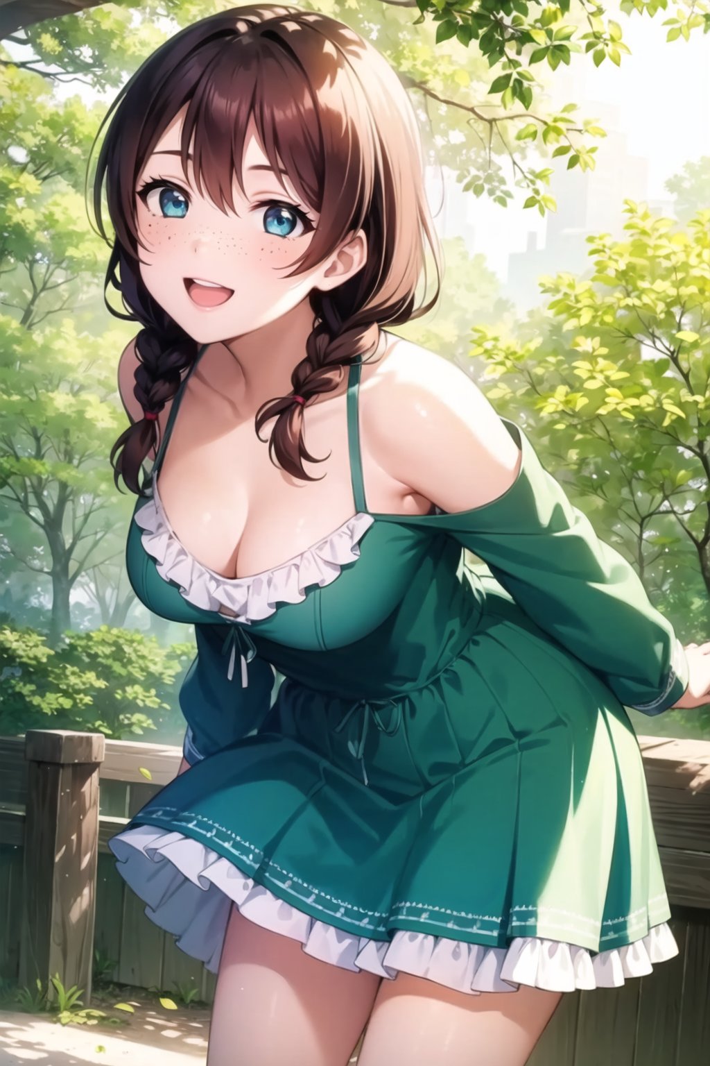 (masterpiece, best quality, ultra-detailed), (illustration), (beautiful detailed eyes), 1girl, solo, emma verde, blue eyes, twin braids, freckles, <lora:EmmaLL_v1.4:0.6>,outdoors, depth of field, falling leaves, green dress, looking at viewer, smile, arms behind back, bent over, breasts, cowboy shot, standing, 