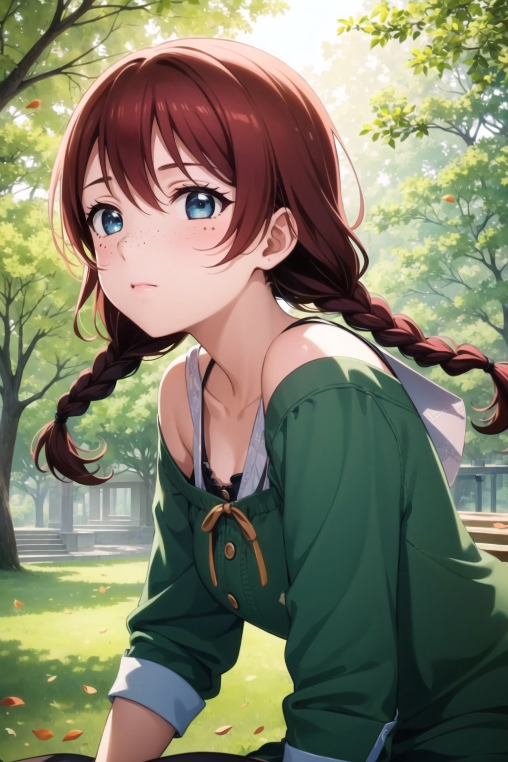 (masterpiece, best quality, ultra-detailed), (illustration), (beautiful detailed eyes), 1girl, solo, emma verde, brown hair, red hair,  blue eyes, twin braids, freckles, <lora:EmmaLL_v1.4:0.6>,outdoors, depth of field, falling leaves, green dress, looking at viewer, closed mouth, looking away, 