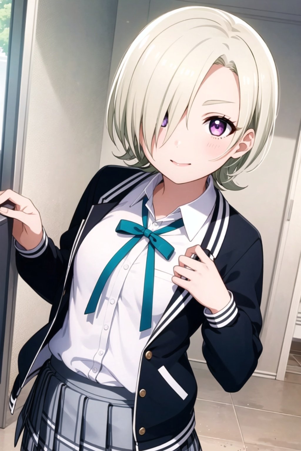 (masterpiece, best quality, ultra-detailed), (illustration), (beautiful detailed eyes), 1girl, solo, mia taylor, blonde hair, short hair, hair over one eye, small breasts, purple eyes,<lora:MiaLL_v1.3-04:0.6>, school uniform, open jacket, nijigasaki academy school uniform, white shirt, plaid skirt, green neck ribbon, outdoors, greenary, depth of field, 