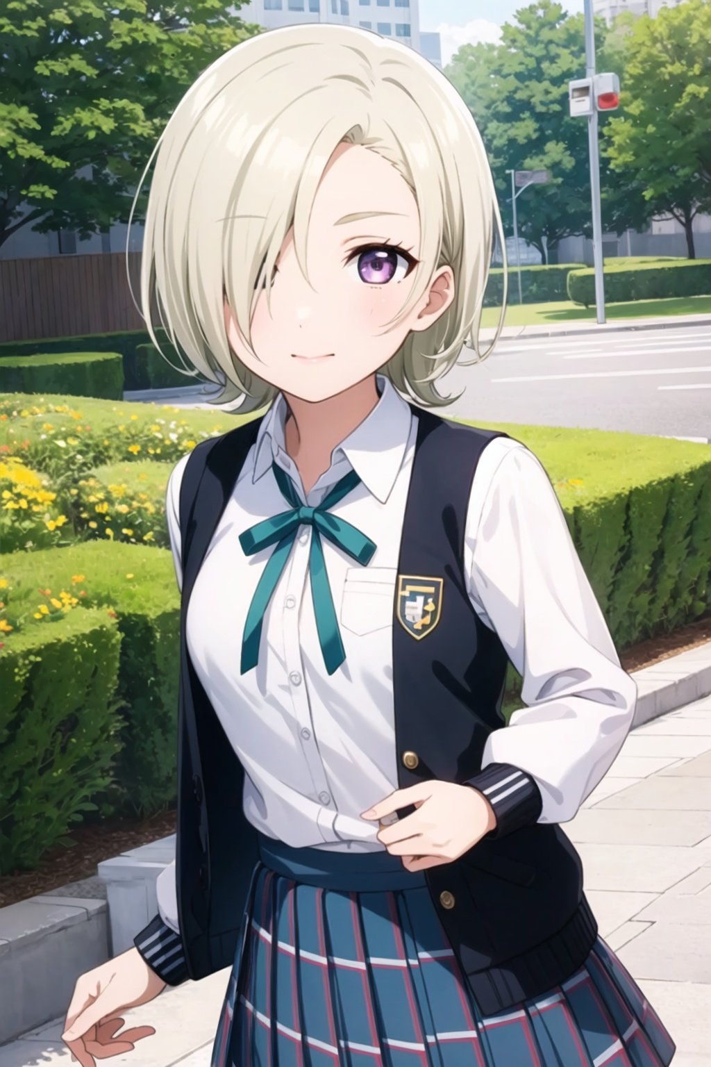 (masterpiece, best quality, ultra-detailed), (illustration), (beautiful detailed eyes), 1girl, solo, mia taylor, blonde hair, short hair, hair over one eye, small breasts, purple eyes,<lora:MiaLL_v1.3-04:0.6>, school uniform, open jacket, nijigasaki academy school uniform, white shirt, plaid skirt, green neck ribbon, outdoors, greenary, depth of field, 