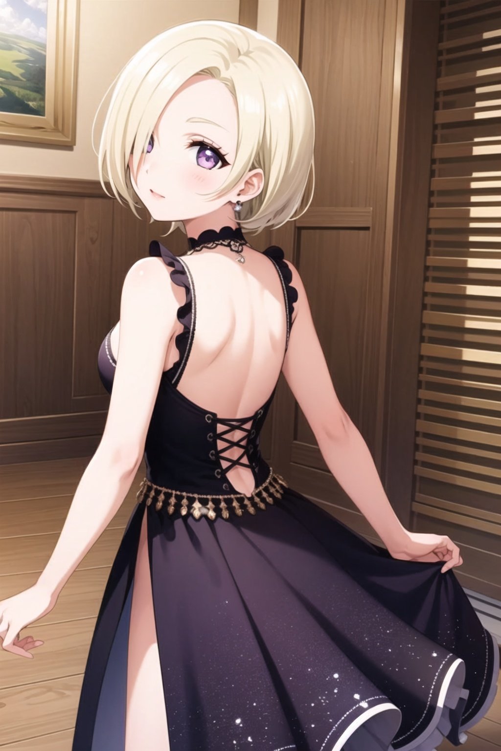 (masterpiece, best quality, ultra-detailed), (illustration), (beautiful detailed eyes), 1girl, solo, mia taylor, blonde hair, short hair, hair over one eye, small breasts, purple eyes,<lora:MiaLL_v1.3-04:0.6>, indoors, from behind, dress, cowboy shot, 