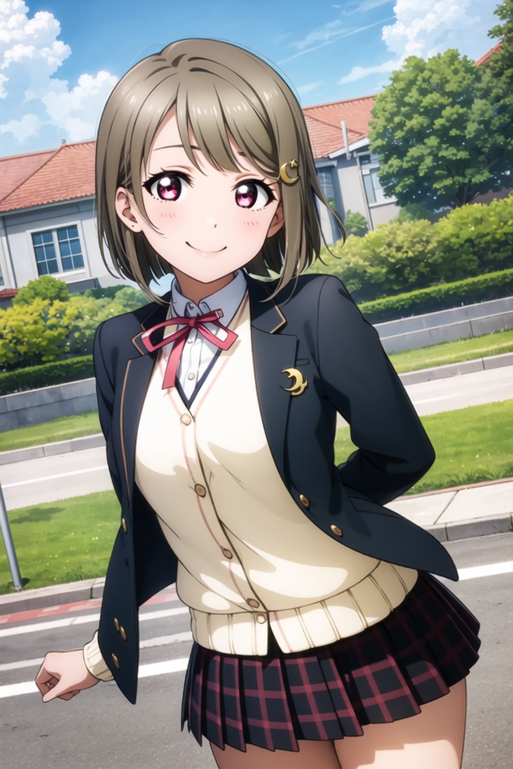 (masterpiece, best quality, ultra-detailed), (illustration), (beautiful detailed eyes), (1girl), (solo), nakasu kasumi, asymmetrical hair, short hair, small breasts, single sidelock, <lora:KasumiLL_v1.1:0.8>,long sleeves, school uniform, pleated skirt, black jacket,neck ribbon, buttons, plaid skirt, blazer, white skirt, cardigan, winter uniform, yellow cardigan, nijigasaki academy school uniform,outdoors, greenary, looking at viewer, smile, arms behind back, crescent hair ornament:0.8,  