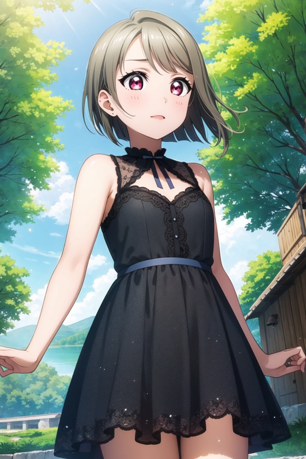 (masterpiece, best quality, ultra-detailed), (illustration), (beautiful detailed eyes), (1girl), (solo), nakasu kasumi, asymmetrical hair, short hair, small breasts, single sidelock, <lora:KasumiLL_v1.1:0.8>,from below,  looking away, dress, outdoors, depth of field, lake, greenary,