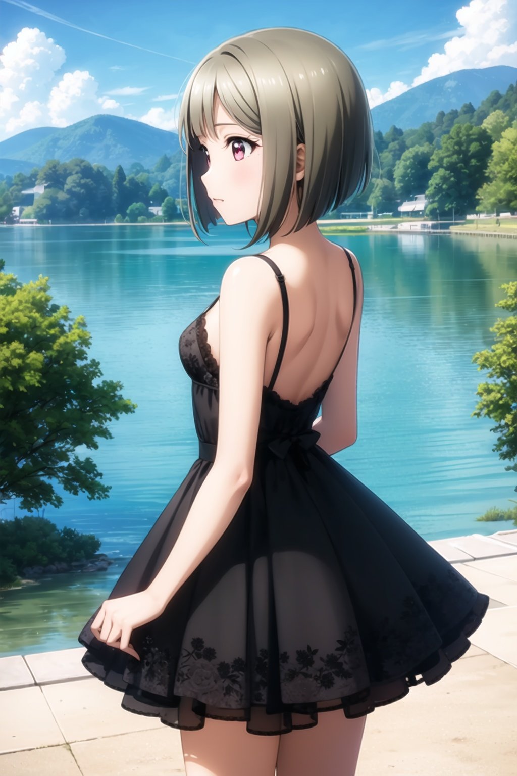 (masterpiece, best quality, ultra-detailed), (illustration), (beautiful detailed eyes), (1girl), (solo), nakasu kasumi, asymmetrical hair, short hair, small breasts, single sidelock, <lora:KasumiLL_v1.1:0.8>,from behind, looking away, dress, outdoors, depth of field, lake, greenary,