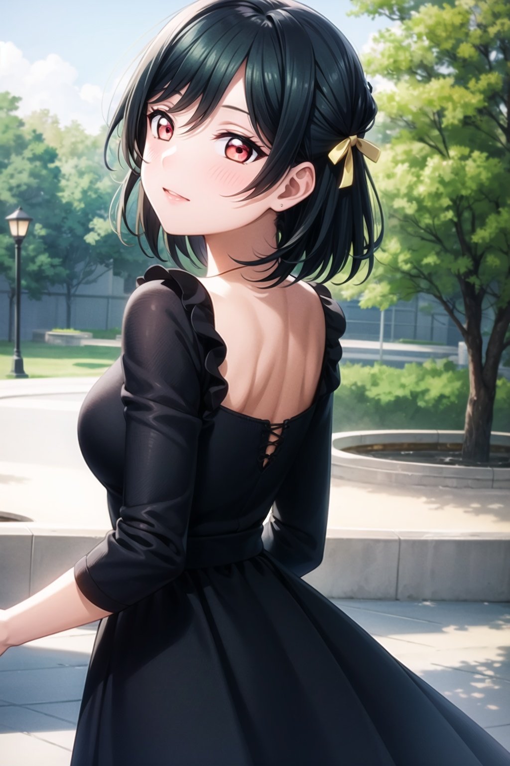 (masterpiece, best quality, ultra-detailed), (illustration), (beautiful detailed eyes), (1girl), (solo), mifune shioriko, short hair, dark green hair, ribbon, red eyes, <lora:ShiorikoLL_v1.1:0.65>,dress, from behind, cowboy shot, outdoors, greenary, depth of field,  <lora:add_detail:0.4>