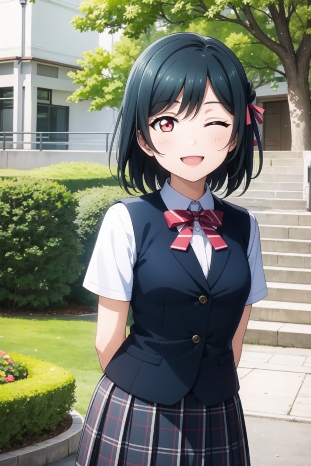 (masterpiece, best quality, ultra-detailed), (illustration), (beautiful detailed eyes), (1girl), (solo), mifune shioriko, short hair, dark green hair, ribbon, red eyes, <lora:ShiorikoLL_v1.1:0.6>,school uniform, white shirt, short sleeves, pleated skirt, vest, plaid, dress shirt, neck ribbon, buttons, plaid skirt, armband, nijigasaki academy school uniform, cowboy shot, arms behind back, smile, ;d, one eye closed, outdoors, greenary, depth of field, 