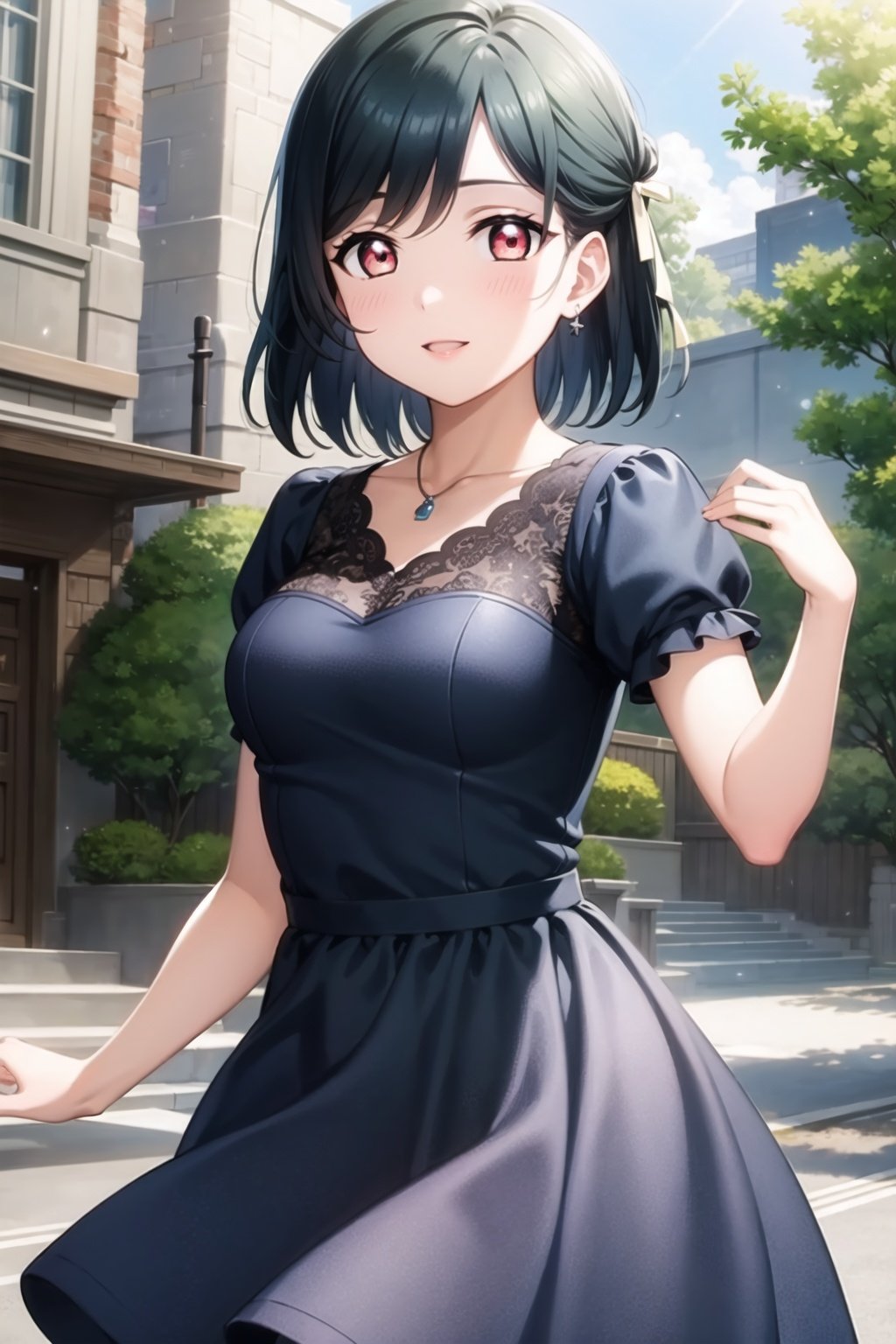 (masterpiece, best quality, ultra-detailed), (illustration), (beautiful detailed eyes), (1girl), (solo), mifune shioriko, short hair, green hair, ribbon, <lora:ShiorikoLL_v1.1:0.6>,dress, outdoors, depth of field, cowboy shot,