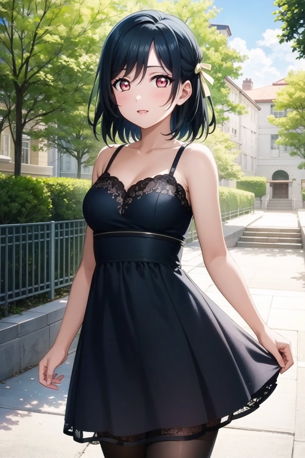 (masterpiece, best quality, ultra-detailed), (illustration), (beautiful detailed eyes), (1girl), (solo), mifune shioriko, short hair, dark green hair, ribbon,  <lora:ShiorikoLL_v1.1:0.6>,dress, outdoors, depth of field, cowboy shot, 