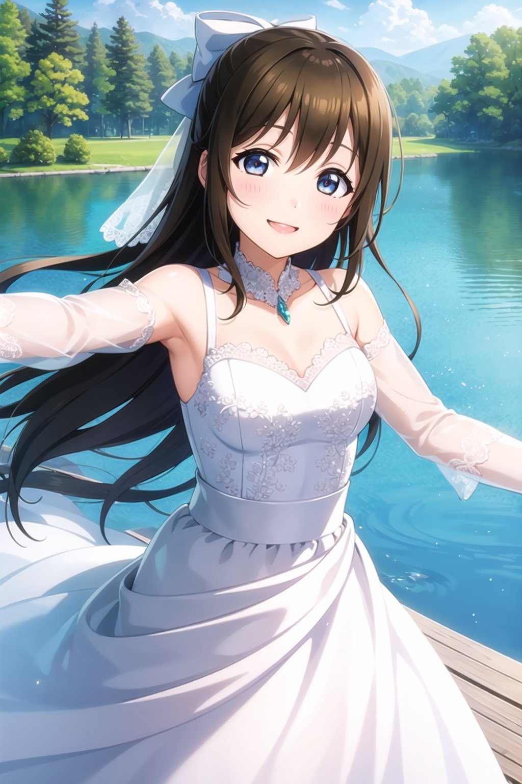 (masterpiece, best quality, ultra-detailed), (illustration), (beautiful detailed eyes), 1girl, solo, ousaka shizuku, long hair, hair bow, sidelocks, <lora:ShizukuLL_v1.2:0.6>,outdoors, greenary, lake, cowboy shot, outstretched arms, wedding dress,  smile, blush, 