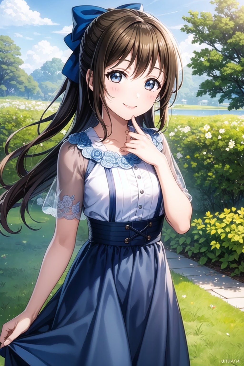 (masterpiece, best quality, ultra-detailed), (illustration), (beautiful detailed eyes), 1girl, solo, ousaka shizuku, long hair, hair bow, sidelocks, half updo, <lora:ShizukuLL_v1.2:0.6>,outdoors, greenary, blue dress, looking at viewer, smile,  cowboy shot,  <lora:add_detail:0.4>