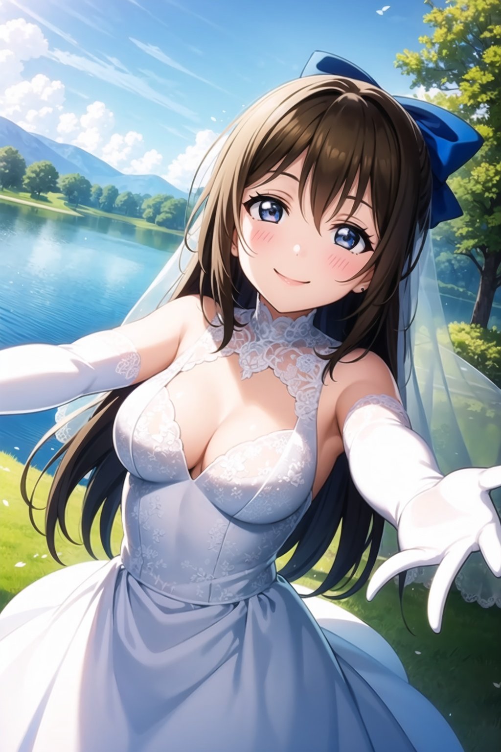 (masterpiece, best quality, ultra-detailed), (illustration), (beautiful detailed eyes), 1girl, solo, ousaka shizuku, long hair, hair bow, sidelocks, <lora:ShizukuLL_v1.2:0.6>,outdoors, greenary, lake, cowboy shot, outstretched arms, wedding dress,  smile, blush, 