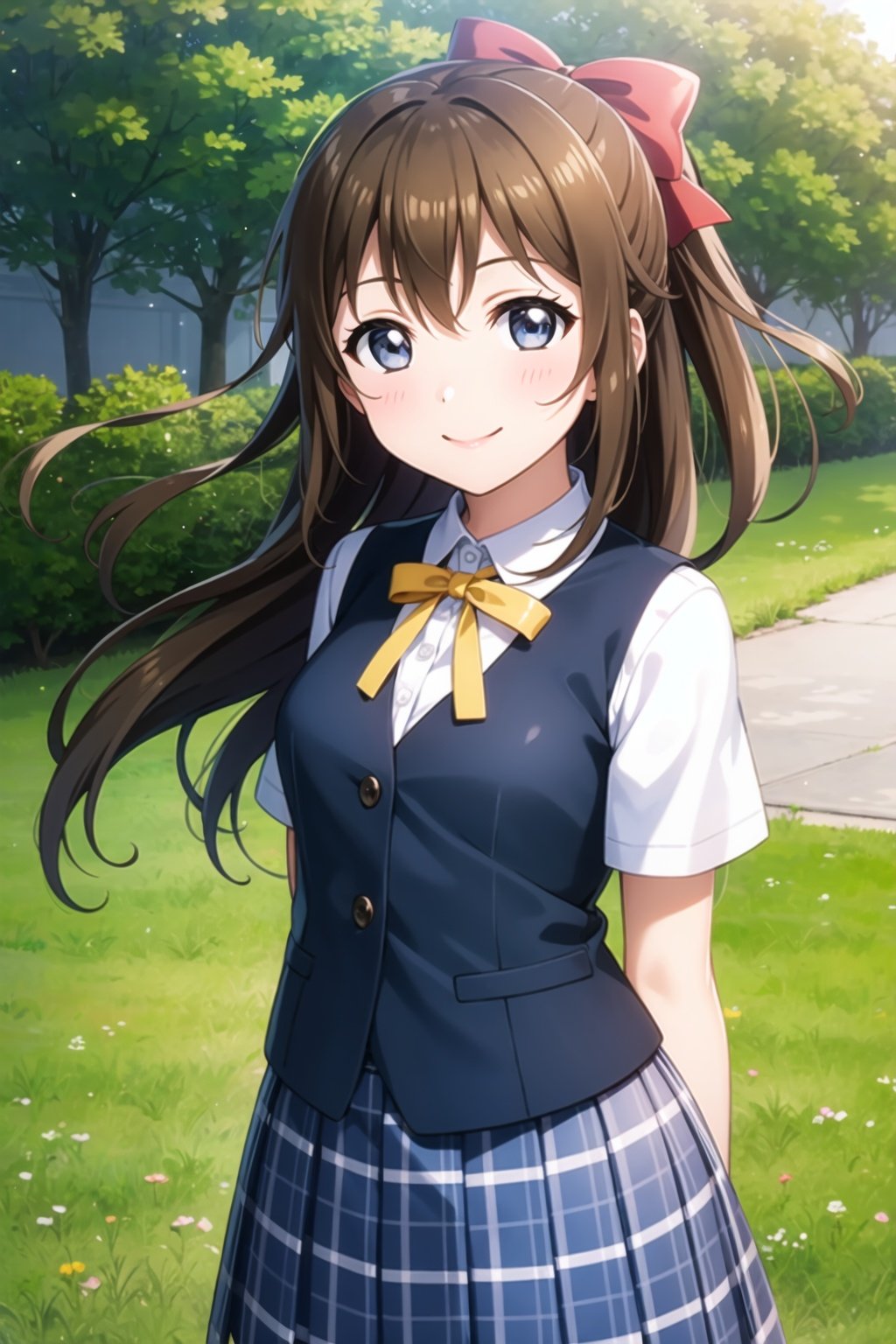 (masterpiece, best quality, ultra-detailed), (illustration), (beautiful detailed eyes), 1girl, solo, ousaka shizuku, long hair, hair bow, sidelocks, <lora:ShizukuLL_v1.2:0.55>,school uniform, white shirt, short sleeves, pleated skirt, collared shirt, vest, blue skirt, plaid, neck ribbon, plaid skirt, blue vest, summer uniform, nijigasaki academy school uniform,half updo, outdoors, greenary, looking at viewer, arms behind back, smile, 