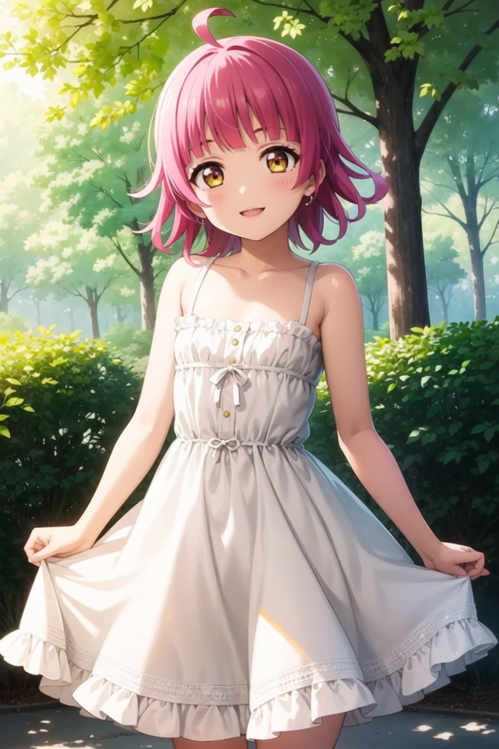 (masterpiece, best quality, ultra-detailed), (illustration), (beautiful detailed eyes), 1girl, solo, tennouji rina, short hair, pink hair, ahoge, flat chest, <lora:RinnaLL_v1:0.6>,dress, outdoors, cowboy shot, smile, looking at viewer, 