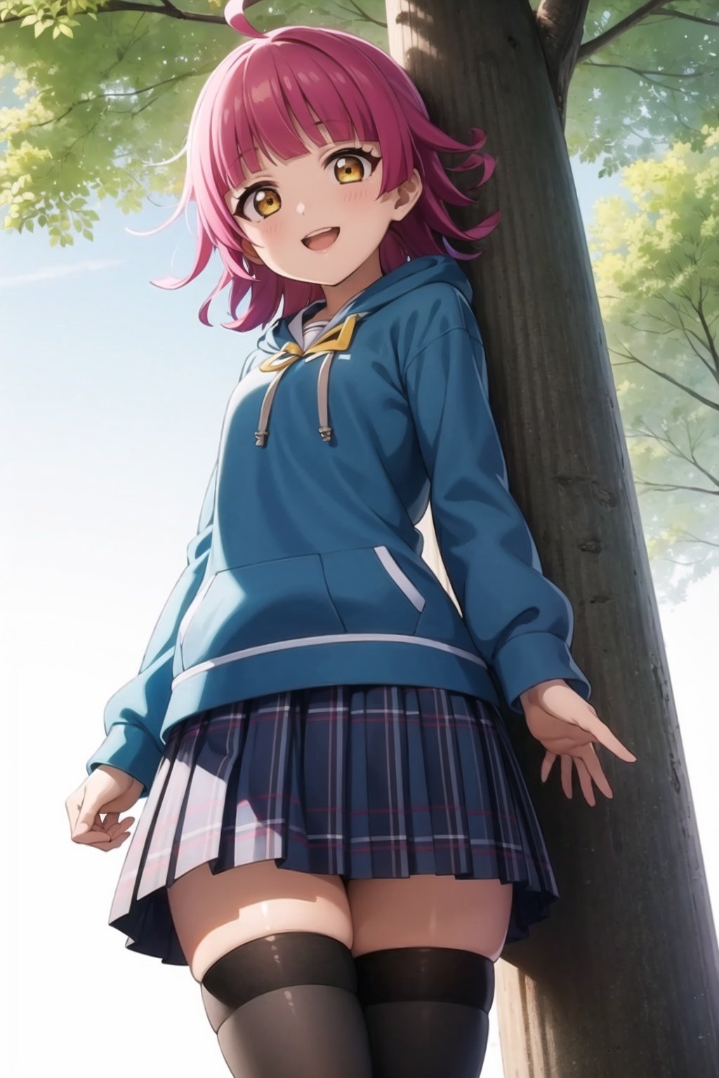 (masterpiece, best quality, ultra-detailed), (illustration), (beautiful detailed eyes), 1girl, solo, tennouji rina, short hair, pink hair, ahoge, flat chest, <lora:RinnaLL_v1:0.6>,looking at viewer, skirt, shirt, thighhighs, school uniform,  black thighhighs, blue hood, checkered skirt, nijigasaki academy school uniform, open hoodie, smile, 