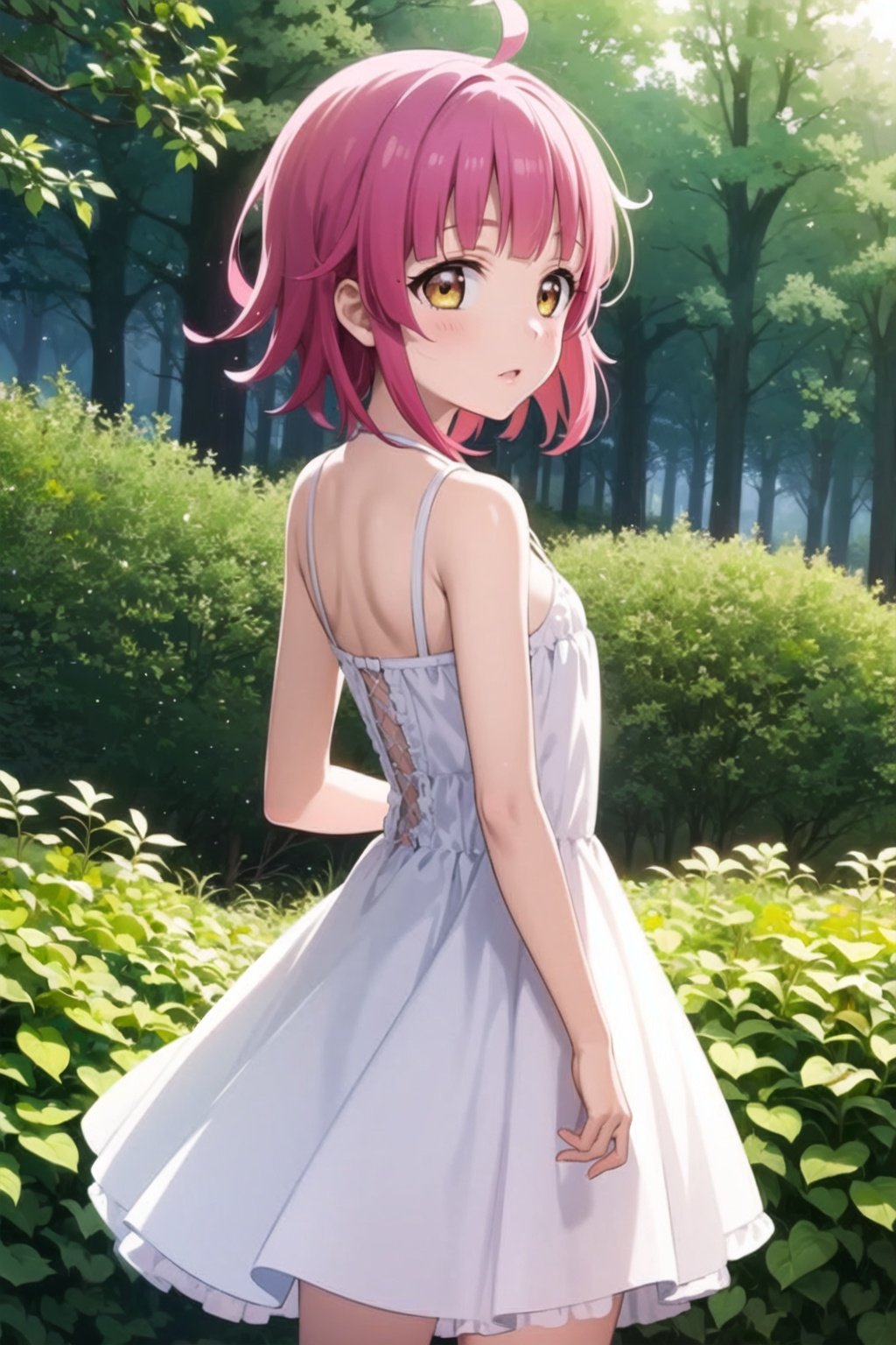 (masterpiece, best quality, ultra-detailed), (illustration), (beautiful detailed eyes), 1girl, solo, tennouji rina, short hair, pink hair, ahoge, flat chest, <lora:RinnaLL_v1:0.6>,dress, outdoors, cowboy shot, from behind, facing away, 