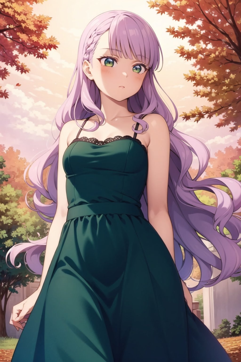 (masterpiece, best quality, ultra-detailed), (illustration), (beautiful detailed eyes), 1girl, solo, wien margarete, green eyes, long hair, light purple hair, small breasts, <lora:WienLL_v1.1:0.6>,outdoors, depth of field, greenary,dress, jewelry, cowboy shot,  arms behind back, looking away, closed mouth, blush, autumn leaves, tree, orange sky, 