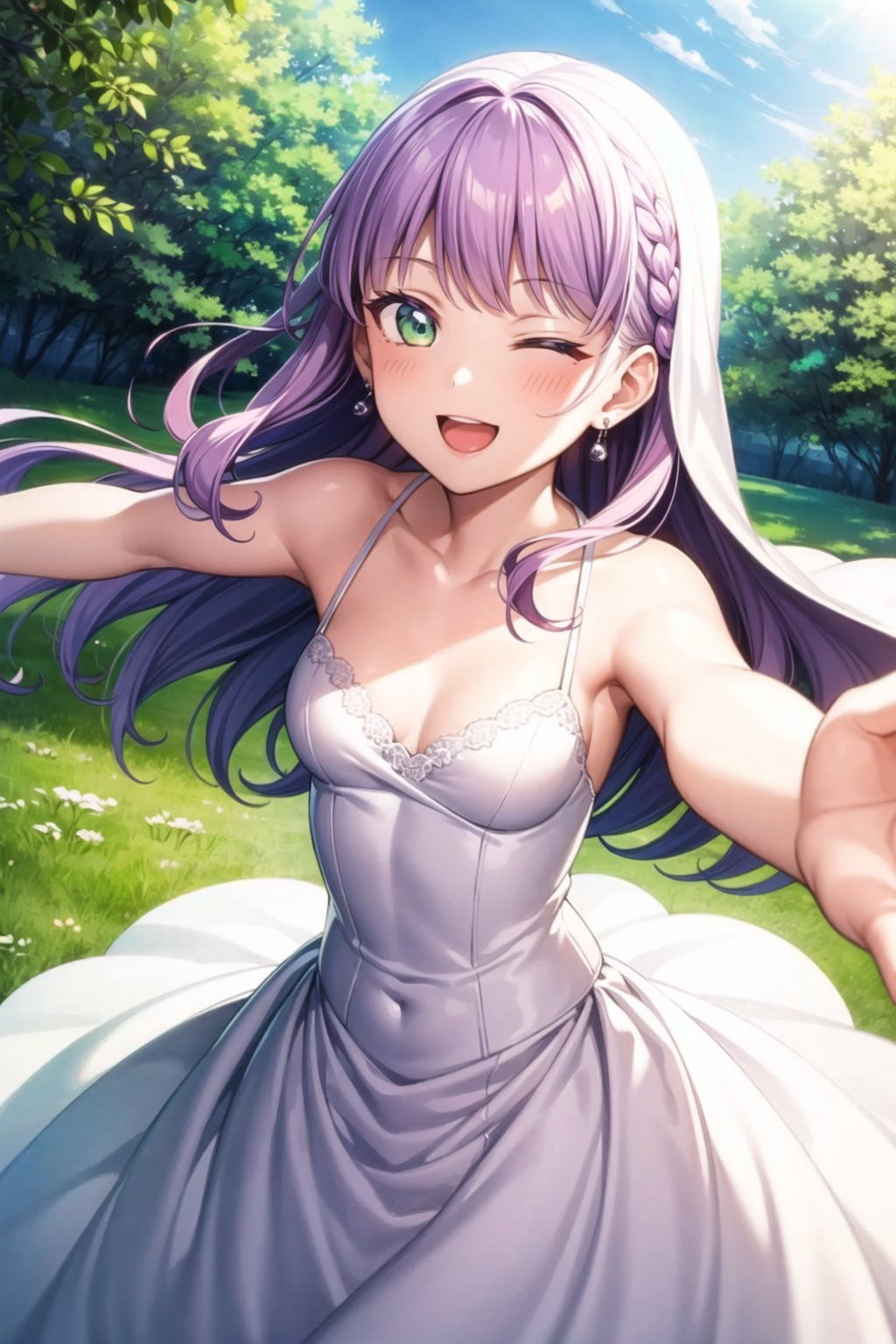 (masterpiece, best quality, ultra-detailed), (illustration), (beautiful detailed eyes), 1girl, solo, wien margarete, green eyes, long hair, purple hair, small breasts, <lora:WienLL_v1.1:0.45>,outdoors, depth of field, greenary,wedding dress, jewelry, earrings, smile, outstretched arms, one eye closed, ;d,  <lora:add_detail:0.4>