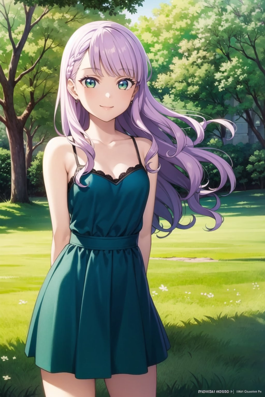 (masterpiece, best quality, ultra-detailed), (illustration), (beautiful detailed eyes), 1girl, solo, wien margarete, green eyes, long hair, light purple hair, small breasts, <lora:WienLL_v1.1:0.6>,outdoors, depth of field, greenary,dress, jewelry, cowboy shot, smile, arms behind back, 