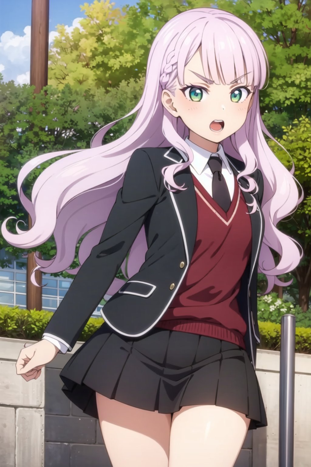 (masterpiece, best quality, ultra-detailed), (illustration), (beautiful detailed eyes), 1girl, solo, wien margarete, green eyes, long hair, light purple hair, small breasts, <lora:WienLL_v1.1:0.6>,outdoors, depth of field, greenary,open mouth, shirt, school uniform, jacket, white shirt, outdoors, necktie, teeth, day, collared shirt, blurry, black jacket, v-shaped eyebrows, upper teeth only, black necktie