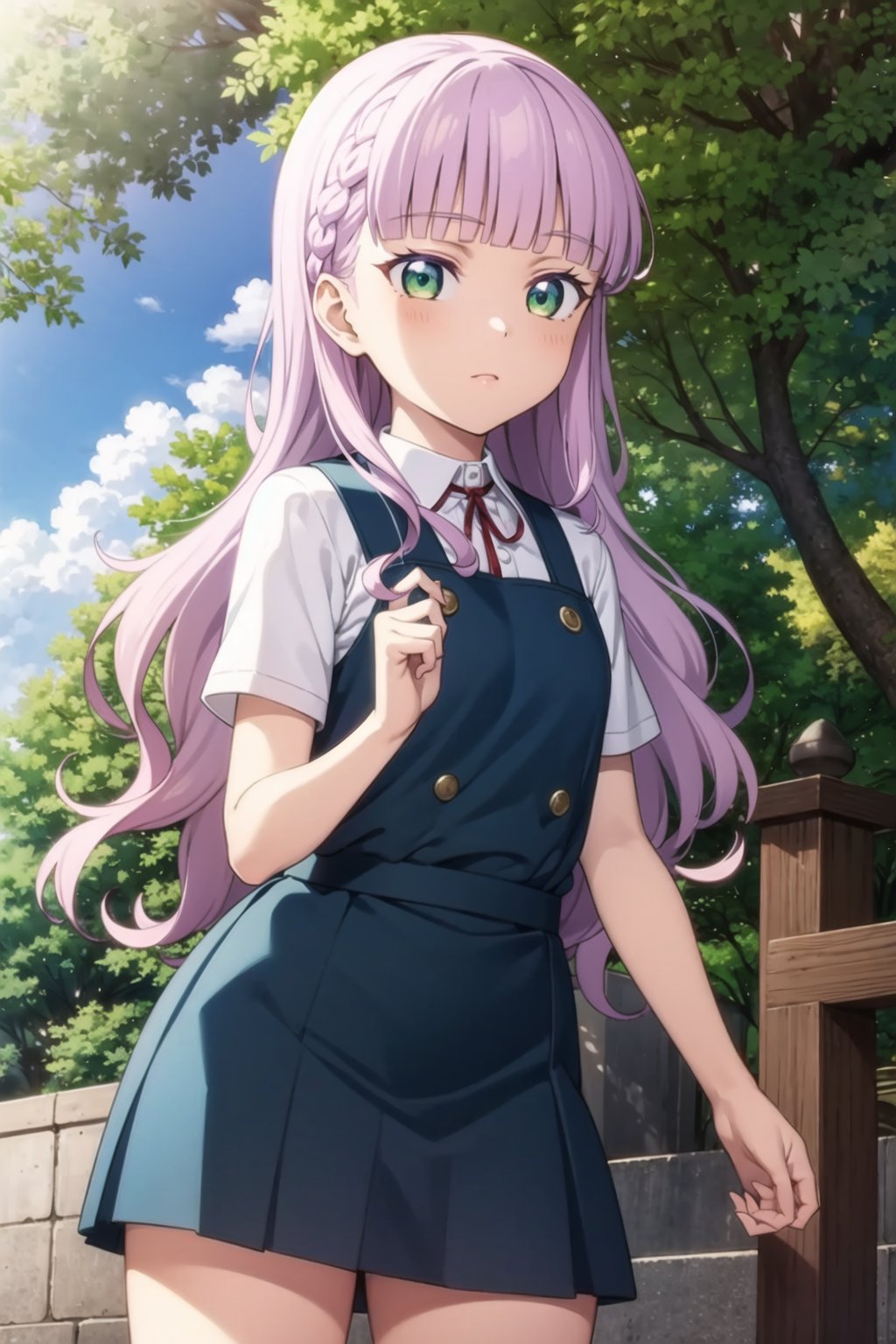 (masterpiece, best quality, ultra-detailed), (illustration), (beautiful detailed eyes), 1girl, solo, wien margarete, green eyes, long hair, purple hair, small breasts, <lora:WienLL_v1.1:0.6>,outdoors, depth of field, greenary,school uniform, green eyes,  white shirt, purple hair, collared shirt, blunt bangs, red ribbon, tree, neck ribbon, blue jacket, pinafore dress, yuigaoka school uniform