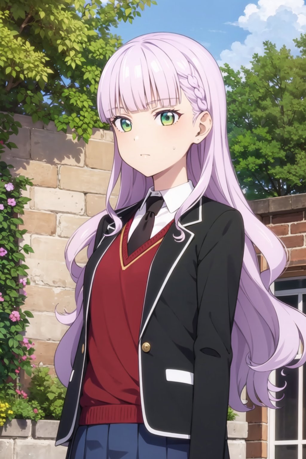 (masterpiece, best quality, ultra-detailed), (illustration), (beautiful detailed eyes), 1girl, solo, wien margarete, green eyes, long hair, light purple hair, small breasts, <lora:WienLL_v1.1:0.6>,outdoors, depth of field, greenary,  school uniform, jacket, white shirt,necktie, collared shirt,black jacket, black necktie,