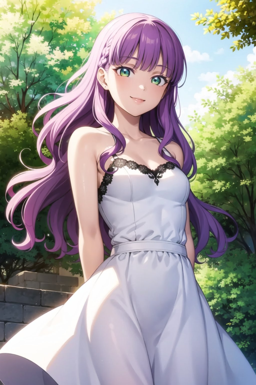 (masterpiece, best quality, ultra-detailed), (illustration), (beautiful detailed eyes), 1girl, solo, wien margarete, green eyes, long hair, purple hair, small breasts, <lora:WienLL_v1.1:0.6>,outdoors, depth of field, greenary,dress, jewelry, cowboy shot, smile, arms behind back, 