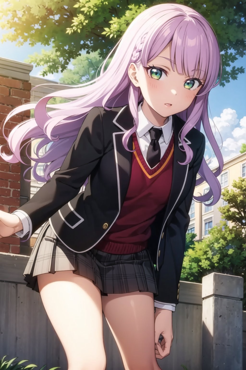 (masterpiece, best quality, ultra-detailed), (illustration), (beautiful detailed eyes), 1girl, solo, wien margarete, green eyes, long hair, purple hair, small breasts, <lora:WienLL_v1.1:0.6>,outdoors, depth of field, greenary,school uniform, jacket, white shirt,necktie, collared shirt,black jacket, black necktie,