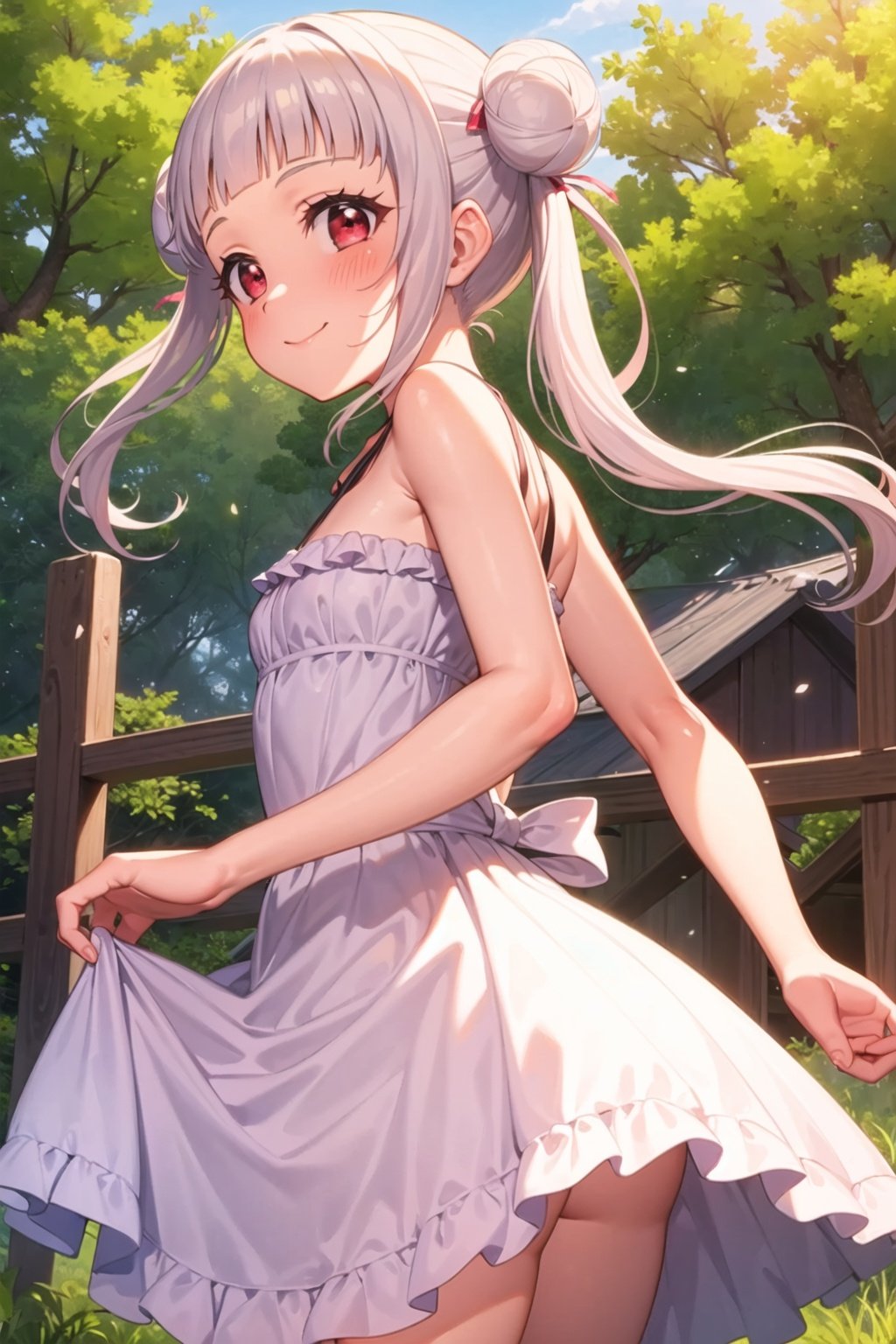 (masterpiece, best quality, ultra-detailed), (illustration), (beautiful detailed eyes), (1girl), (solo), arashi chisato, white hair, double bun, red eyes, single sidelock, small breasts, <lora:ChisatoLL_v1.1:0.8>,outdoors, greenary, depth of field,frilled dress, from behind, standing, smile, blush, closed mouth, cowboy shot,