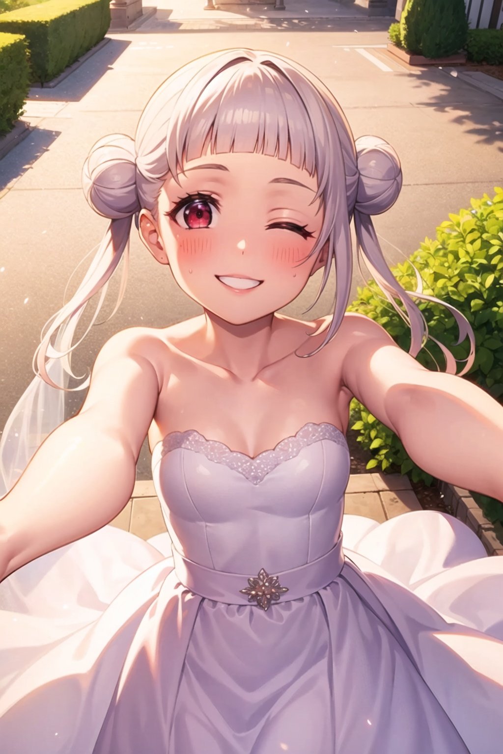 (masterpiece, best quality, ultra-detailed), (illustration), (beautiful detailed eyes), (1girl), (solo), arashi chisato, white hair, double bun, red eyes, single sidelock,  <lora:ChisatoLL_v1.1:0.8>,outdoors, greenary, depth of field, wedding dress, light smile, one eye closed, standing, smile, blush, outstretched arms, from above, 