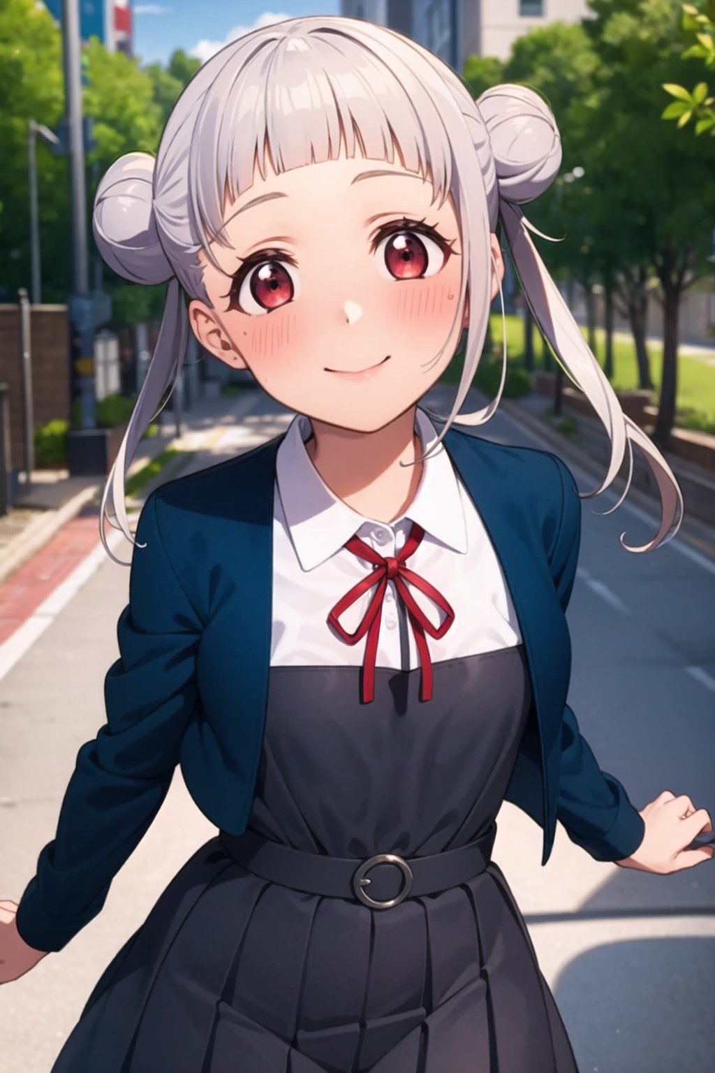 (masterpiece, best quality, ultra-detailed), (illustration), (beautiful detailed eyes), (1girl), (solo), arashi chisato, white hair, double bun, red eyes, single sidelock, small breasts,  <lora:ChisatoLL_v1.1:0.8>,outdoors, greenary, depth of field, shirt, dress, ribbon, school uniform, jacket, white shirt, open clothes, collared shirt, open jacket, red ribbon, neck ribbon, blue jacket, pinafore dress, grey dress, yuigaoka school uniform,standing, smile, blush, looking at viewer, closed mouth, cowboy shot, 