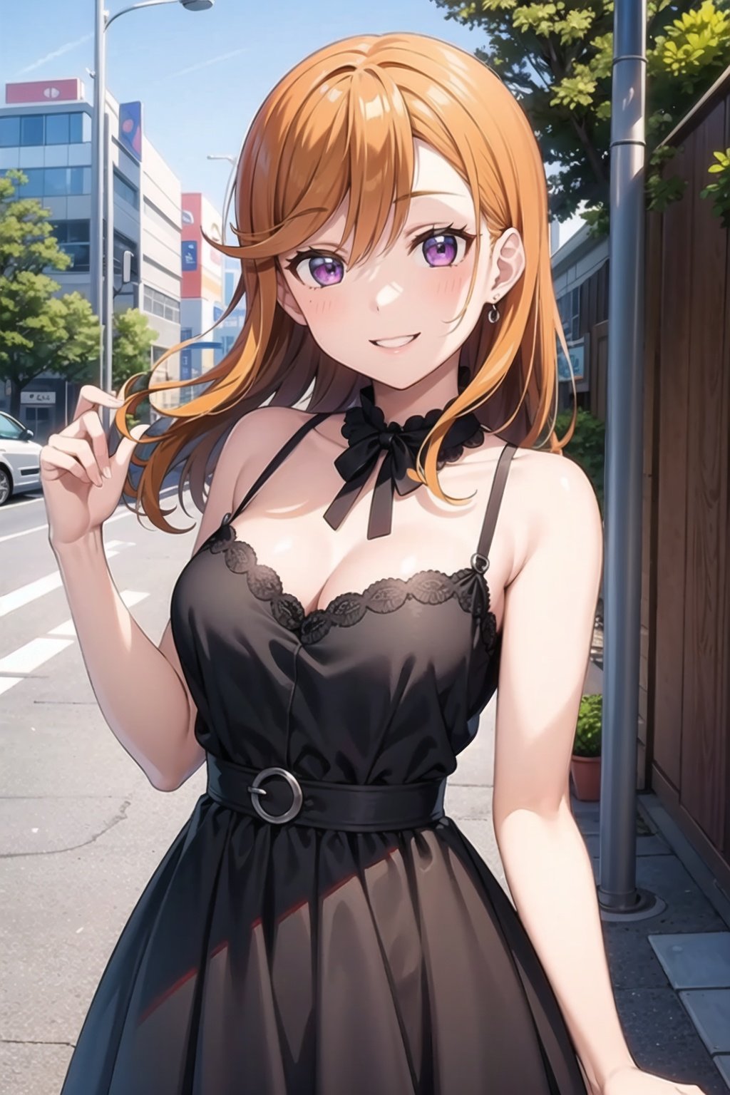 (masterpiece, best quality, ultra-detailed), (illustration), (beautiful detailed eyes), 1girl, solo, shibuya kanon, orange hair,  <lora:KanonLL_v1:0.45>, dress, outdoors, smile, looking at viewer, 