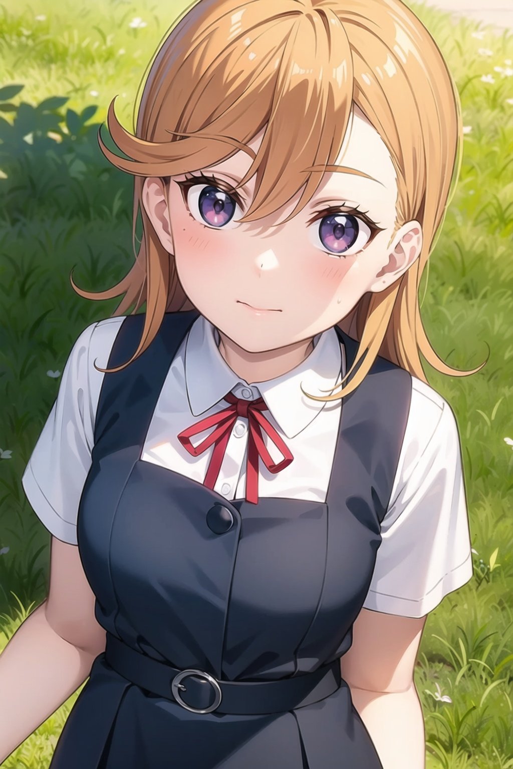 (masterpiece, best quality, ultra-detailed), (illustration), (beautiful detailed eyes), 1girl, solo, shibuya kanon, orange hair,  <lora:KanonLL_v1:0.5>, shirt, dress, ribbon, school uniform, white shirt, short sleeves, collared shirt, red ribbon, neck ribbon, pinafore dress, yuigaoka school uniform,closed mouth, looking at viewer, from above, outdoors, greenary, depth of field,  