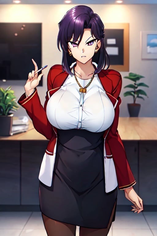 red jacket,pencil skirt,white shirt,pantyhose,,jewelry,,earrings,necklace, purple eyes, purple hair,Bangs,1 girl, 20yo,Young female,Beautiful Finger,Beautiful long legs,Beautiful body,Beautiful Nose,Beautiful character design, perfect eyes, perfect face,expressive eyes, looking at viewer, in the center of the image,(light_smile:0.5), official art,extremely detailed CG unity 8k wallpaper, perfect lighting,Colorful, Bright_Front_face_Lighting,shiny skin, (masterpiece:1.0),(best_quality:1.0), ultra high res,4K,ultra-detailed, photography, 8K, HDR, highres, absurdres:1.2, Kodak portra 400, film grain, blurry background, bokeh:1.2, lens flare, (vibrant_color:1.2) (Beautiful,large_Breasts:1.0), (beautiful_face:1.2),(narrow_waist),aiue oka