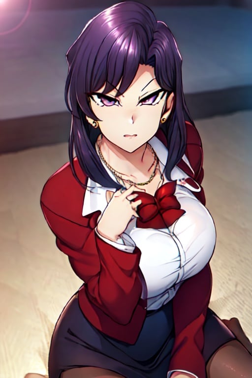 red jacket,pencil skirt,white shirt,pantyhose,,jewelry,,earrings,necklace, purple eyes, purple hair,Bangs,1 girl, 20yo,Young female,Beautiful Finger,Beautiful long legs,Beautiful body,Beautiful Nose,Beautiful character design, perfect eyes, perfect face,expressive eyes, looking at viewer, in the center of the image,(light_smile:0.5), official art,extremely detailed CG unity 8k wallpaper, perfect lighting,Colorful, Bright_Front_face_Lighting,shiny skin, (masterpiece:1.0),(best_quality:1.0), ultra high res,4K,ultra-detailed, photography, 8K, HDR, highres, absurdres:1.2, Kodak portra 400, film grain, blurry background, bokeh:1.2, lens flare, (vibrant_color:1.2) (Beautiful,large_Breasts:1.0), (beautiful_face:1.2),(narrow_waist),aiue oka